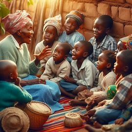 An elderly woman, dressed in a headscarf and sweater, animatedly telling a story to a group of attentive children seated on a colorful mat outdoors, with a sunny glow in the background and traditional drums placed nearby.